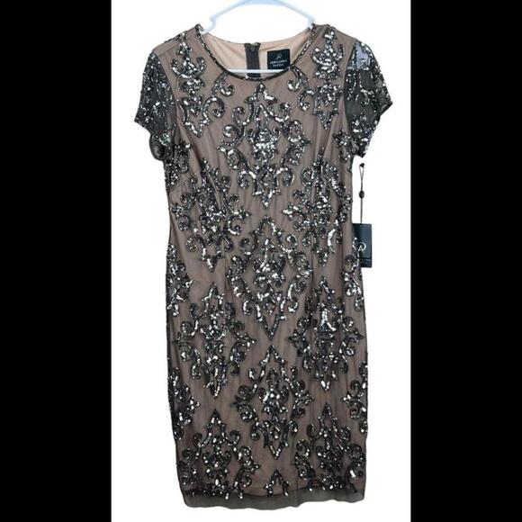 ADRIANNA PAPELL Womens‎ Tan Lined Beaded Short Sleeve Knee Length Sheath Dress 6 - Picture 1 of 5
